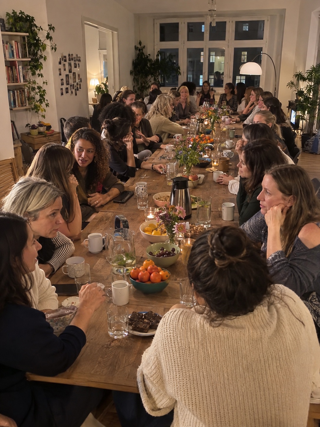 Eine große Frauenrunde im Gespräch an einem langen gemeinsamen Tisch