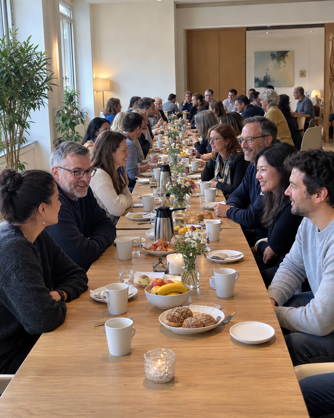 Eine große Main-Power-Hub-Runde an einem langen gemeinsamen Frühstückstisch